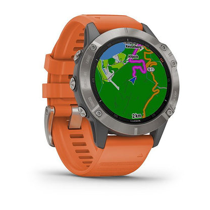 ساعة Garmin Fenix 6 بحزام سيليكون برتقالي وشاشة ملونة بالكامل