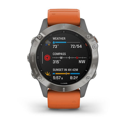 ساعة Garmin Fenix 6 بحزام سيليكون برتقالي وشاشة ملونة بالكامل