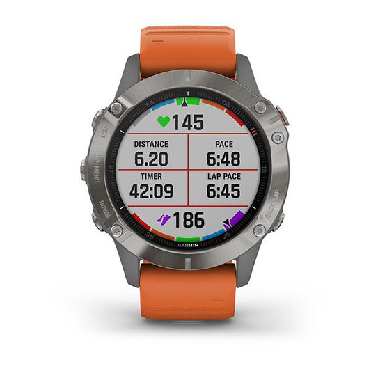 ساعة Garmin Fenix 6 بحزام سيليكون برتقالي وشاشة ملونة بالكامل
