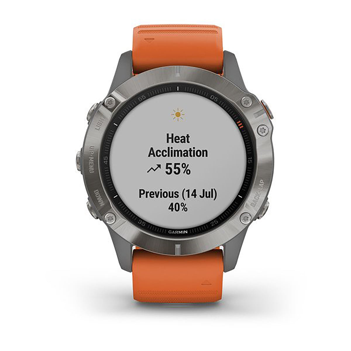 ساعة Garmin Fenix 6 بحزام سيليكون برتقالي وشاشة ملونة بالكامل