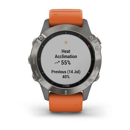 ساعة Garmin Fenix 6 بحزام سيليكون برتقالي وشاشة ملونة بالكامل
