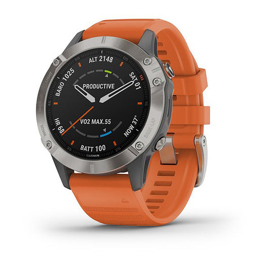 ساعة Garmin Fenix 6 بحزام سيليكون برتقالي وشاشة ملونة بالكامل
