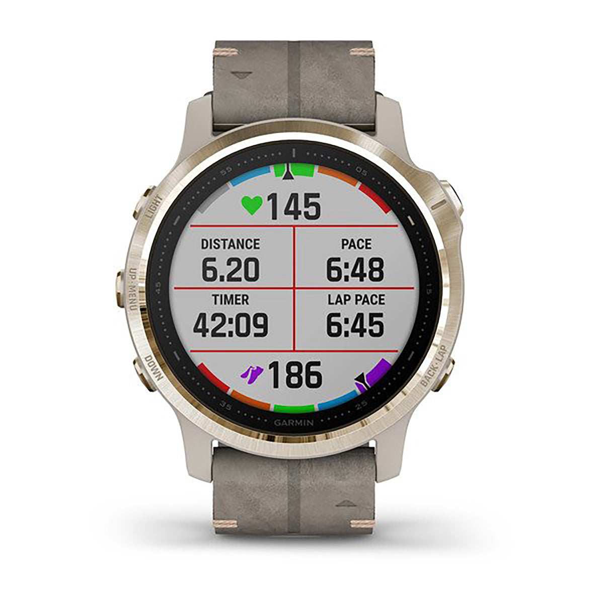 ساعة Garmin Fenix 6S بحزام جلدي رمادي وشاشة ملونة بالكامل
