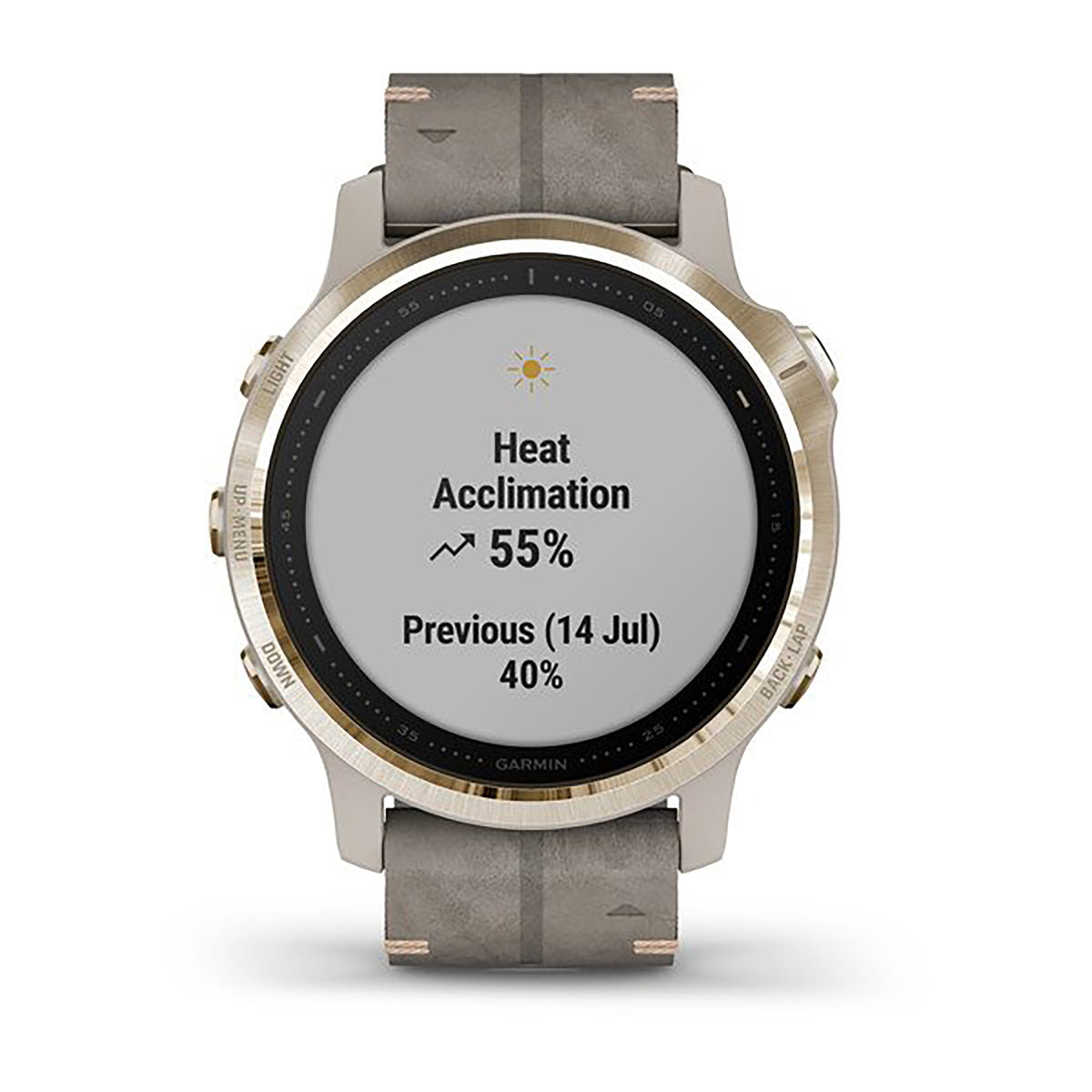ساعة Garmin Fenix 6S بحزام جلدي رمادي وشاشة ملونة بالكامل