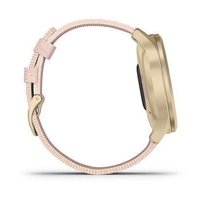 ساعة Garmin Vivomove Style بحزام نايلون وردي، وشاشة ملونة بالكامل