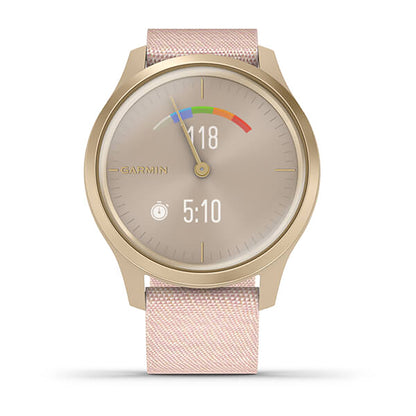 ساعة Garmin Vivomove Style بحزام نايلون وردي، وشاشة ملونة بالكامل