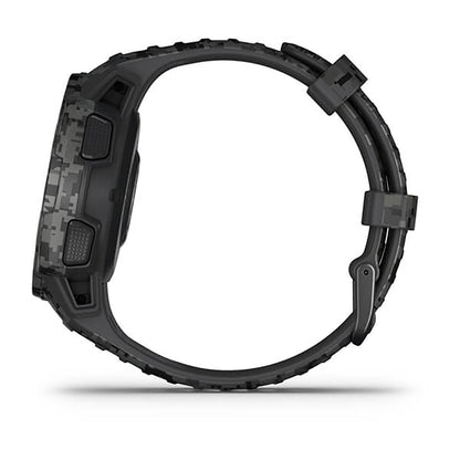 ساعة Garmin Instinct Solar ذات الإصدار المموه (Camo Edition)، مزودة بحزام سيليكون رمادي مموه وشاشة ملونة بالكامل.