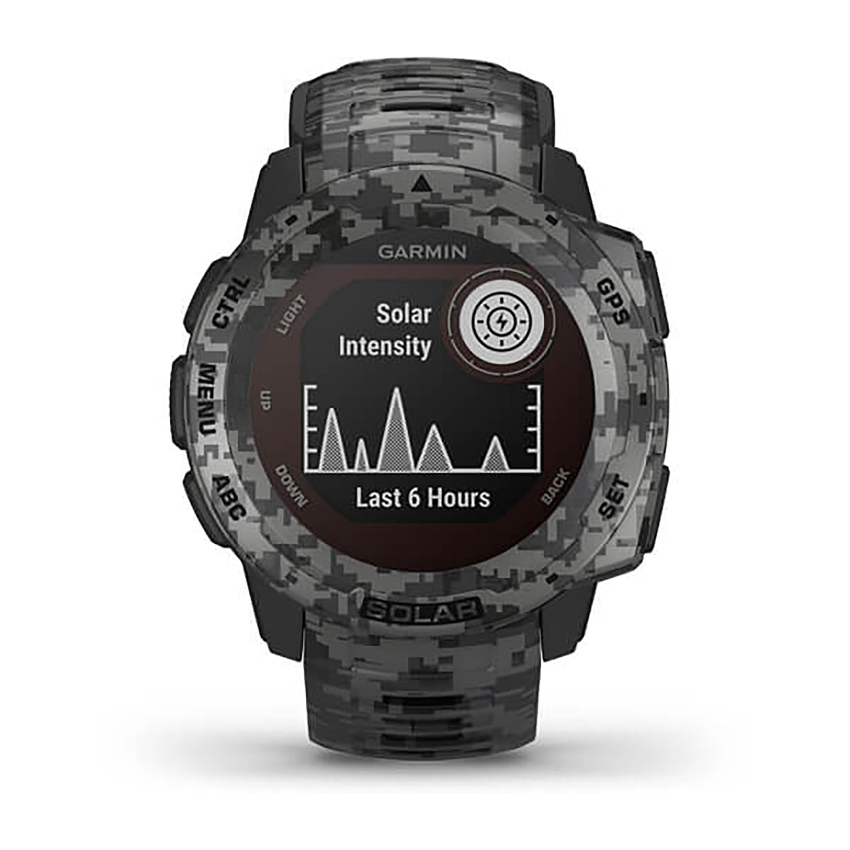 ساعة Garmin Instinct Solar ذات الإصدار المموه (Camo Edition)، مزودة بحزام سيليكون رمادي مموه وشاشة ملونة بالكامل.