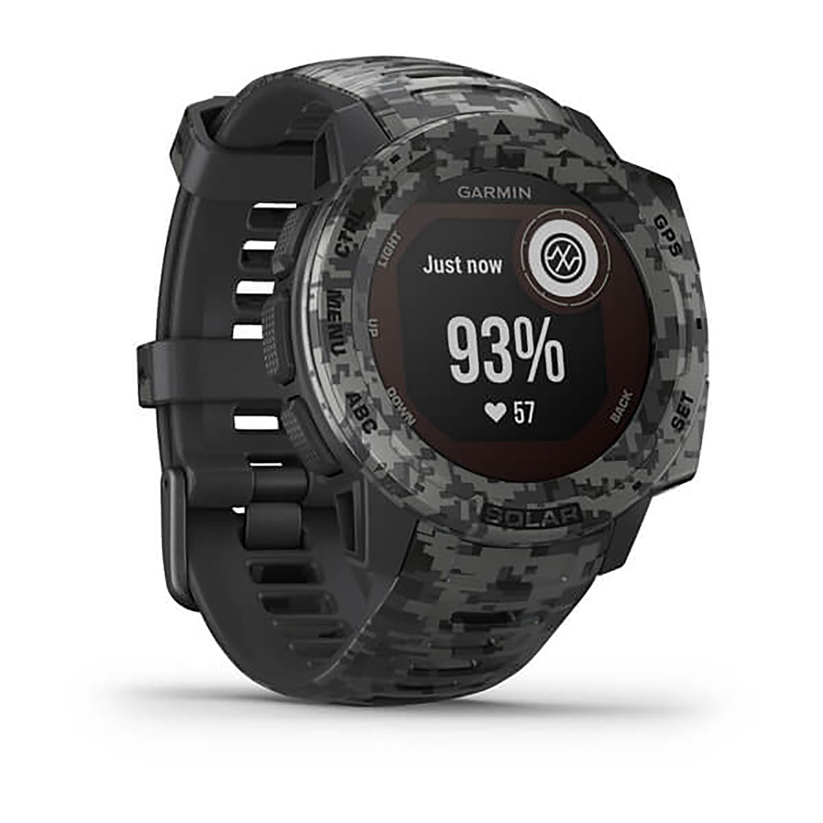 ساعة Garmin Instinct Solar ذات الإصدار المموه (Camo Edition)، مزودة بحزام سيليكون رمادي مموه وشاشة ملونة بالكامل.