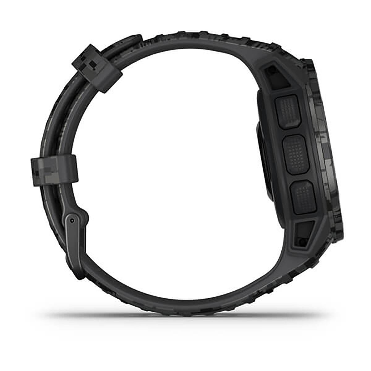ساعة Garmin Instinct Solar ذات الإصدار المموه (Camo Edition)، مزودة بحزام سيليكون رمادي مموه وشاشة ملونة بالكامل.