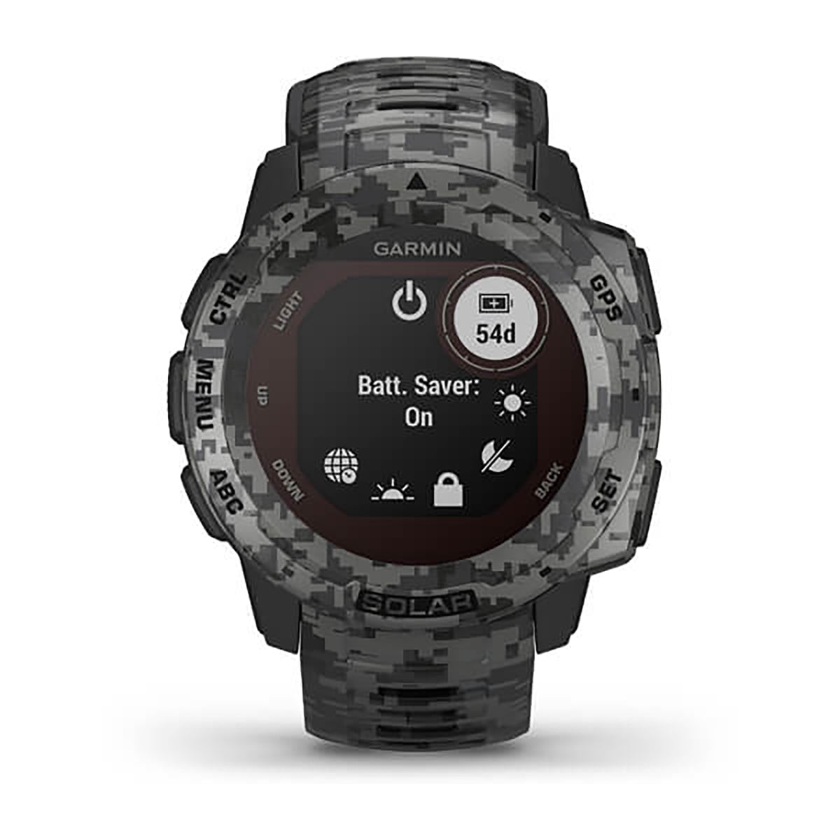 ساعة Garmin Instinct Solar ذات الإصدار المموه (Camo Edition)، مزودة بحزام سيليكون رمادي مموه وشاشة ملونة بالكامل.