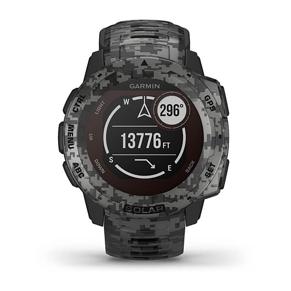 ساعة Garmin Instinct Solar ذات الإصدار المموه (Camo Edition)، مزودة بحزام سيليكون رمادي مموه وشاشة ملونة بالكامل.