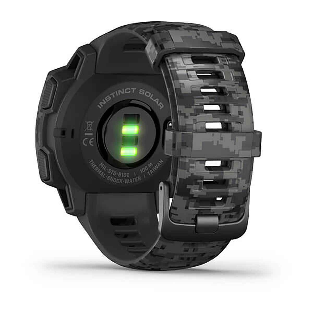 ساعة Garmin Instinct Solar ذات الإصدار المموه (Camo Edition)، مزودة بحزام سيليكون رمادي مموه وشاشة ملونة بالكامل.