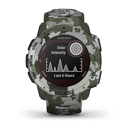 ساعة Garmin Instinct Solar إصدار Camo بسوار سيليكون بنقشة التمويه Lichen وشاشة ملونة بالكامل