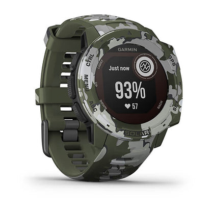 ساعة Garmin Instinct Solar إصدار Camo بسوار سيليكون بنقشة التمويه Lichen وشاشة ملونة بالكامل