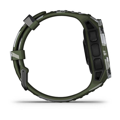 ساعة Garmin Instinct Solar إصدار Camo بسوار سيليكون بنقشة التمويه Lichen وشاشة ملونة بالكامل
