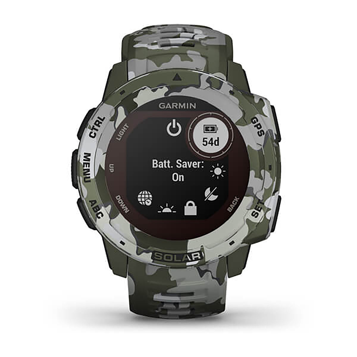 ساعة Garmin Instinct Solar إصدار Camo بسوار سيليكون بنقشة التمويه Lichen وشاشة ملونة بالكامل