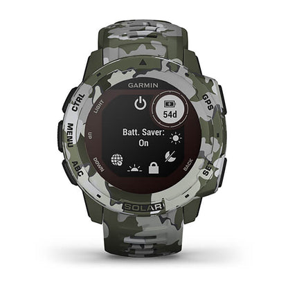 ساعة Garmin Instinct Solar إصدار Camo بسوار سيليكون بنقشة التمويه Lichen وشاشة ملونة بالكامل