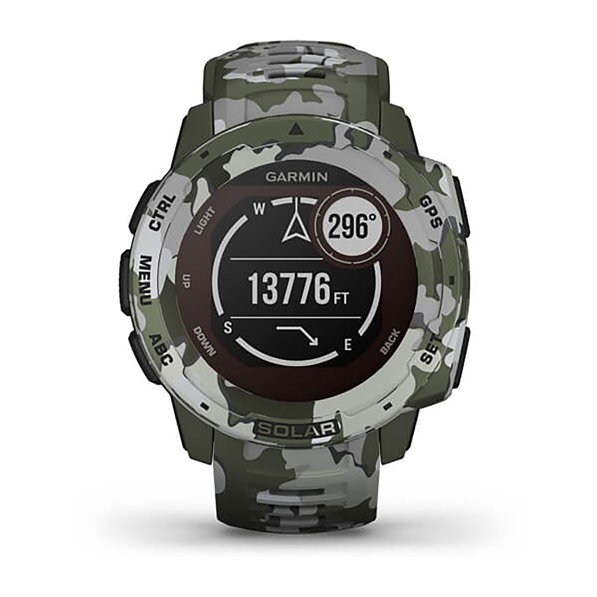 ساعة Garmin Instinct Solar إصدار Camo بسوار سيليكون بنقشة التمويه Lichen وشاشة ملونة بالكامل