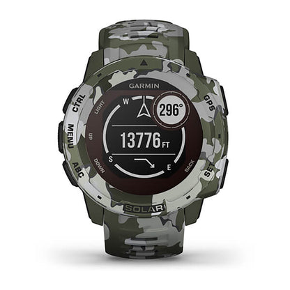 ساعة Garmin Instinct Solar إصدار Camo بسوار سيليكون بنقشة التمويه Lichen وشاشة ملونة بالكامل