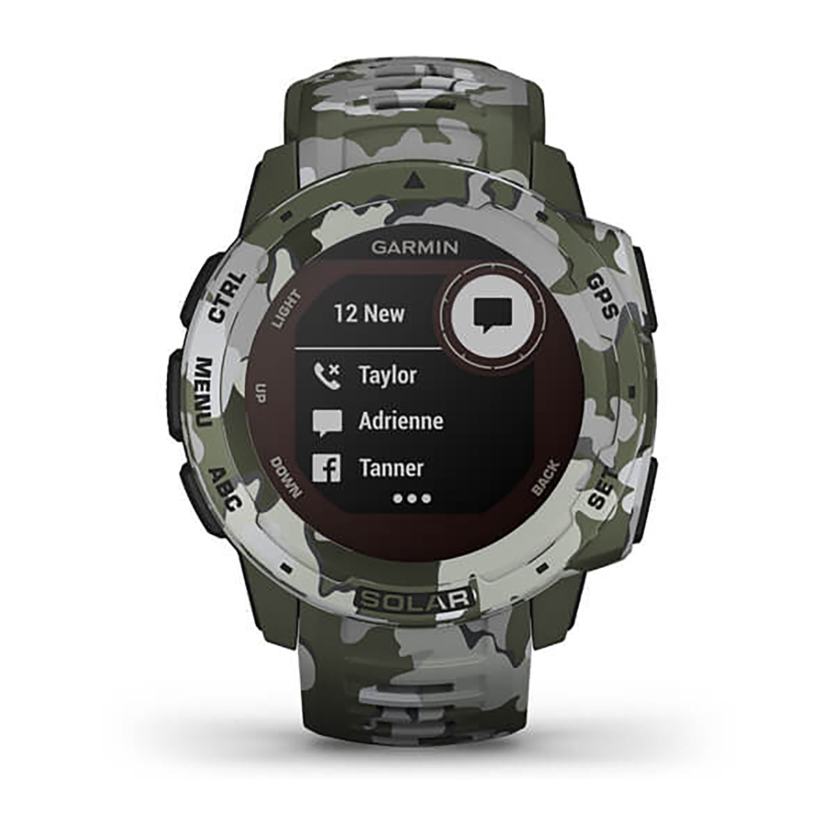 ساعة Garmin Instinct Solar إصدار Camo بسوار سيليكون بنقشة التمويه Lichen وشاشة ملونة بالكامل
