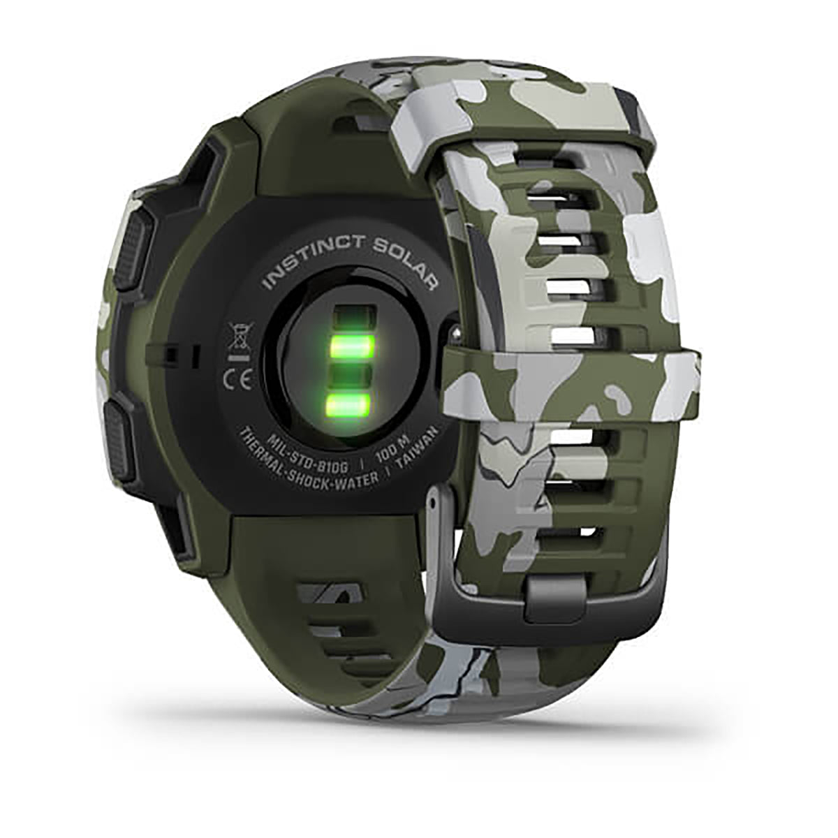 ساعة Garmin Instinct Solar إصدار Camo بسوار سيليكون بنقشة التمويه Lichen وشاشة ملونة بالكامل