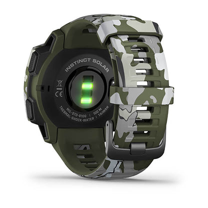 ساعة Garmin Instinct Solar إصدار Camo بسوار سيليكون بنقشة التمويه Lichen وشاشة ملونة بالكامل
