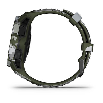ساعة Garmin Instinct Solar إصدار Camo بسوار سيليكون بنقشة التمويه Lichen وشاشة ملونة بالكامل