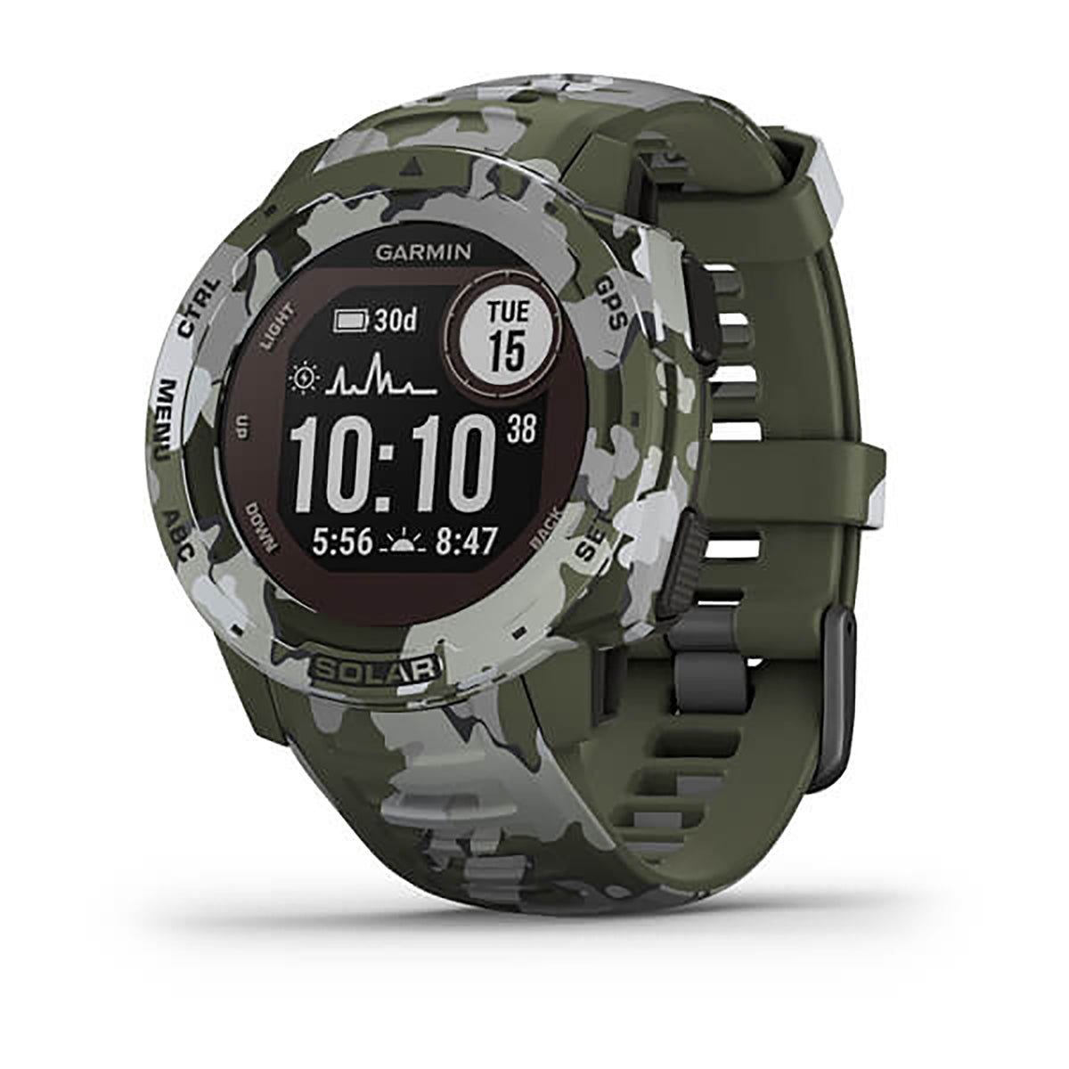 ساعة Garmin Instinct Solar إصدار Camo بسوار سيليكون بنقشة التمويه Lichen وشاشة ملونة بالكامل