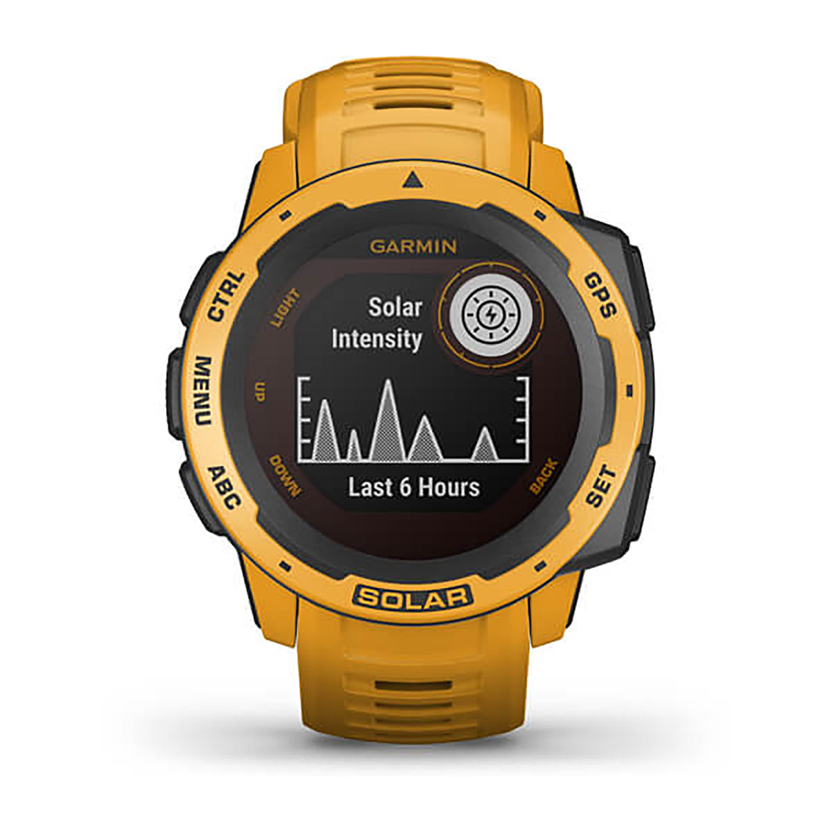 ساعة Garmin Instinct Solar بسوار سيليكون باللون الأصفر (Sunburst) وشاشة ملونة بالكامل