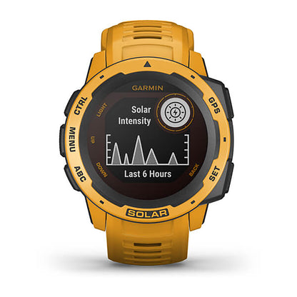 ساعة Garmin Instinct Solar بسوار سيليكون باللون الأصفر (Sunburst) وشاشة ملونة بالكامل