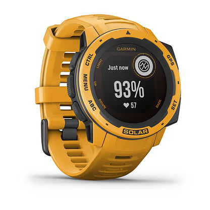 ساعة Garmin Instinct Solar بسوار سيليكون باللون الأصفر (Sunburst) وشاشة ملونة بالكامل
