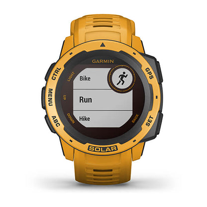 ساعة Garmin Instinct Solar بسوار سيليكون باللون الأصفر (Sunburst) وشاشة ملونة بالكامل
