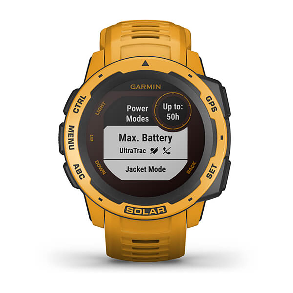 ساعة Garmin Instinct Solar بسوار سيليكون باللون الأصفر (Sunburst) وشاشة ملونة بالكامل