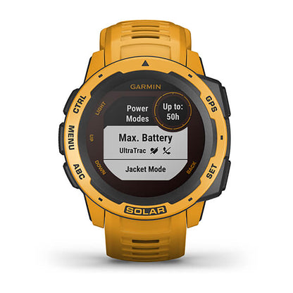 ساعة Garmin Instinct Solar بسوار سيليكون باللون الأصفر (Sunburst) وشاشة ملونة بالكامل