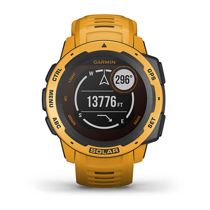 ساعة Garmin Instinct Solar بسوار سيليكون باللون الأصفر (Sunburst) وشاشة ملونة بالكامل