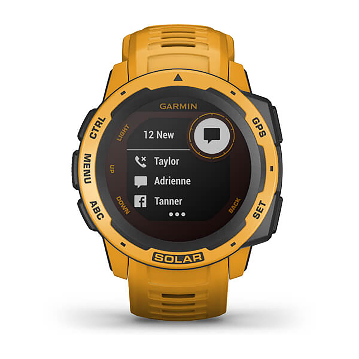 ساعة Garmin Instinct Solar بسوار سيليكون باللون الأصفر (Sunburst) وشاشة ملونة بالكامل