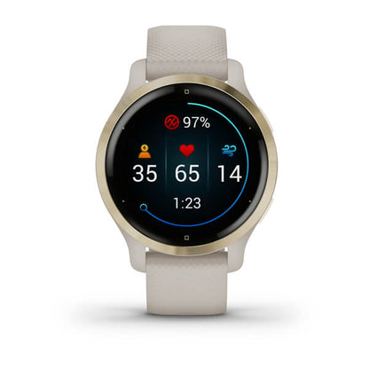 ساعة Garmin Venu 2S بسوار سيليكون باللون الرملي الفاتح وشاشة ملونة بالكامل