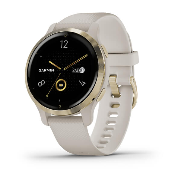 ساعة Garmin Venu 2S بسوار سيليكون باللون الرملي الفاتح وشاشة ملونة بالكامل