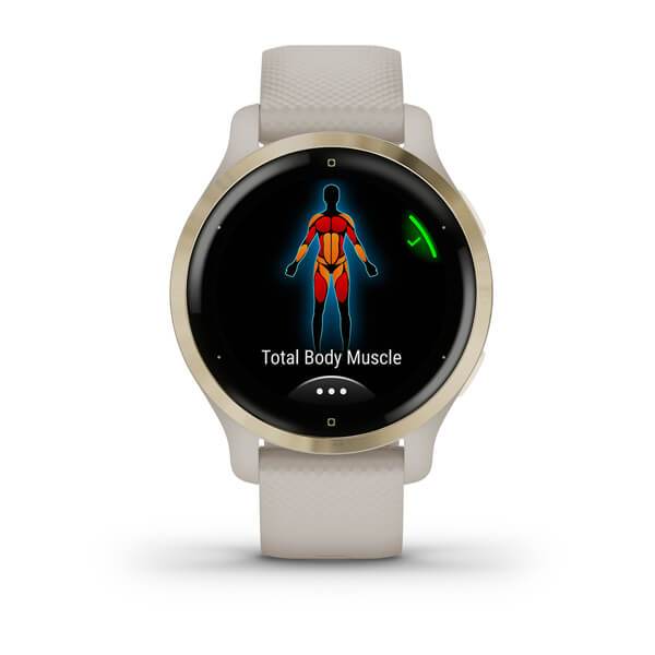 ساعة Garmin Venu 2S بسوار سيليكون باللون الرملي الفاتح وشاشة ملونة بالكامل