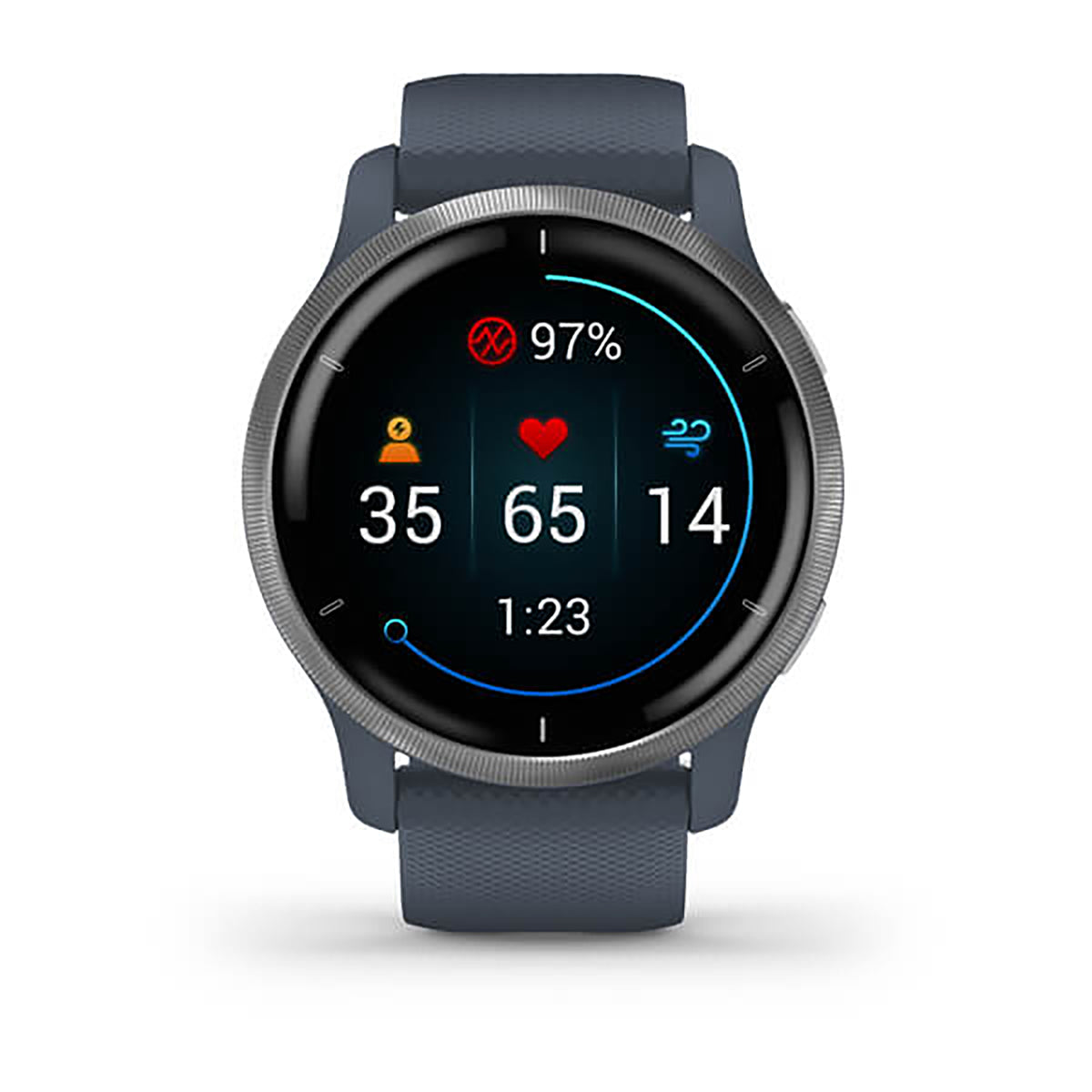 ساعة Garmin Venu 2S بسوار سيليكون باللون الأزرق الجرانيتي وشاشة ملونة بالكامل