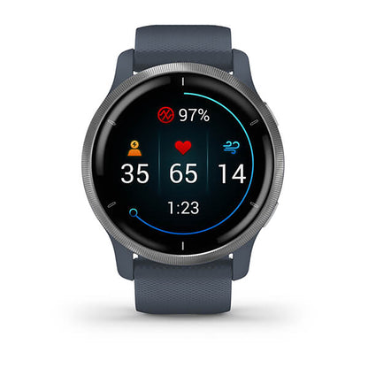 ساعة Garmin Venu 2S بسوار سيليكون باللون الأزرق الجرانيتي وشاشة ملونة بالكامل