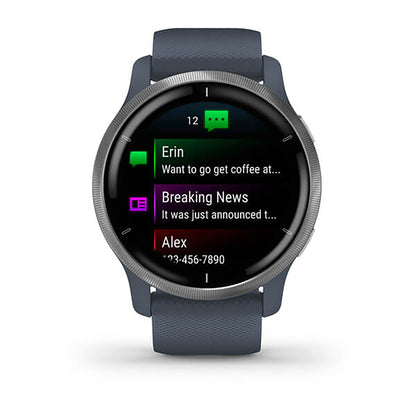 ساعة Garmin Venu 2S بسوار سيليكون باللون الأزرق الجرانيتي وشاشة ملونة بالكامل