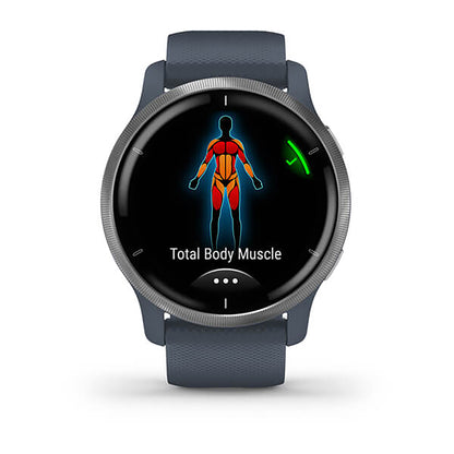 ساعة Garmin Venu 2S بسوار سيليكون باللون الأزرق الجرانيتي وشاشة ملونة بالكامل