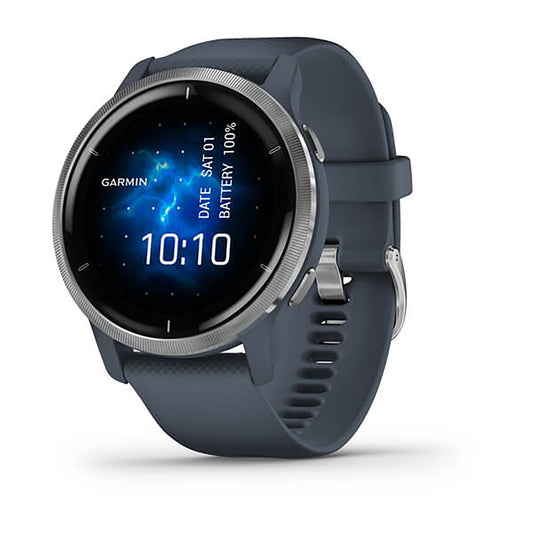 ساعة Garmin Venu 2S بسوار سيليكون باللون الأزرق الجرانيتي وشاشة ملونة بالكامل