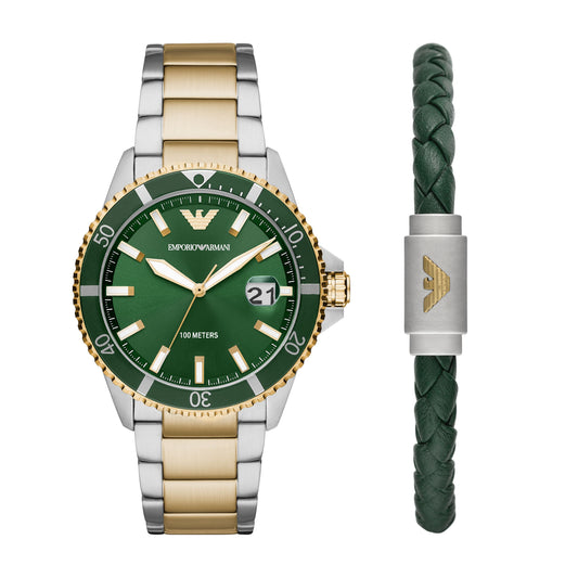 Emporio Armani Three-Hand Date Two-Tone Stainless Steel Watch and Bracelet Set