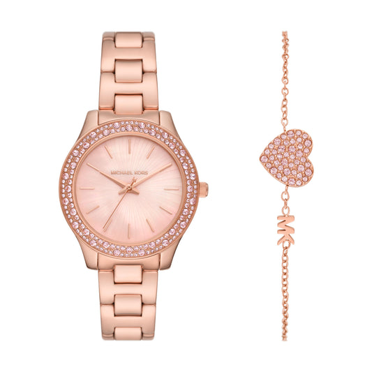Michael Kors Liliane Three-Hand Rose Gold-Tone Stainless Steel Women's Watch And Stainless Steel Bracelet Set