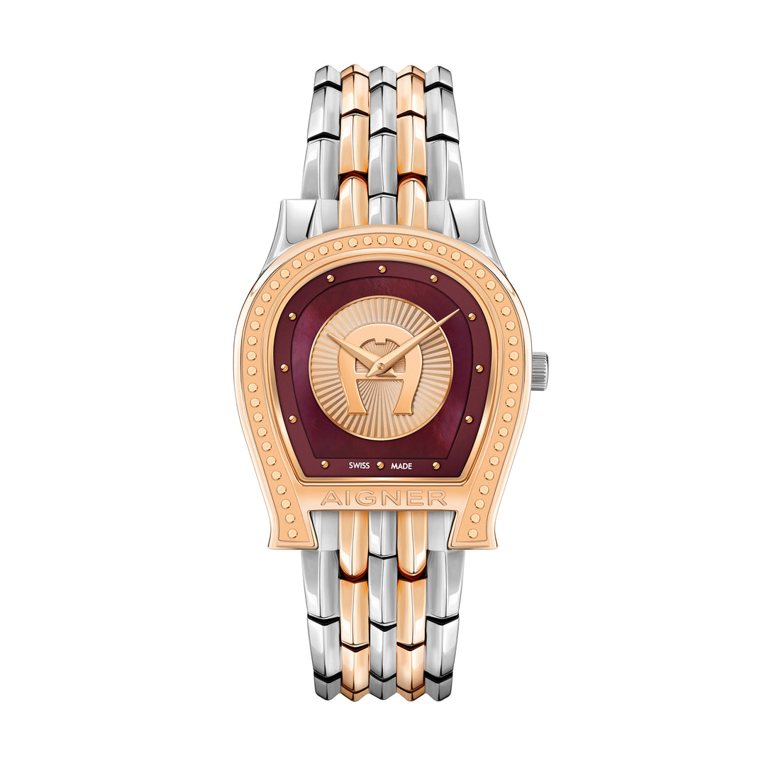 Aigner Vittoria Ladies Two Tone Rose Gold Bracelet Burgundy Mop Dial Watch | Arwlg2100106 | The Watch House. Shop at www.watches.ae Regular price AED 3000 . Online offers available.