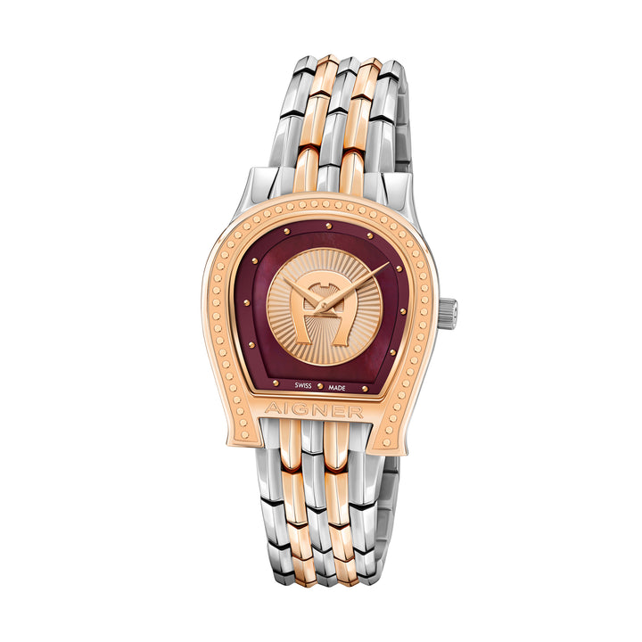 AIGNER VITTORIA LADIES TWO TONE ROSE GOLD BRACELET BURGUNDY MOP DIAL WATCH