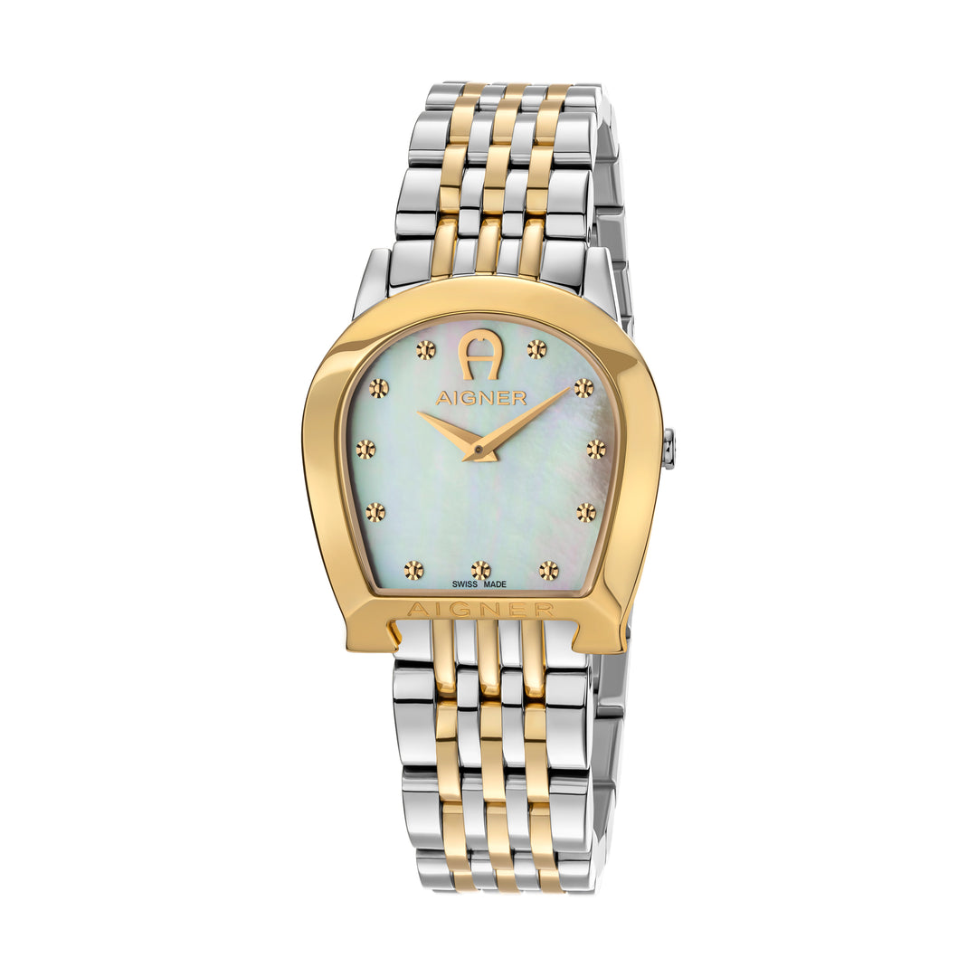 Aigner Alessandria Ladies Two Tone Yellow Gold Bracelet White Mop Dial Watch | Ma130217 | The Watch House. Shop at www.watches.ae Regular price AED 3000 . Online offers available.